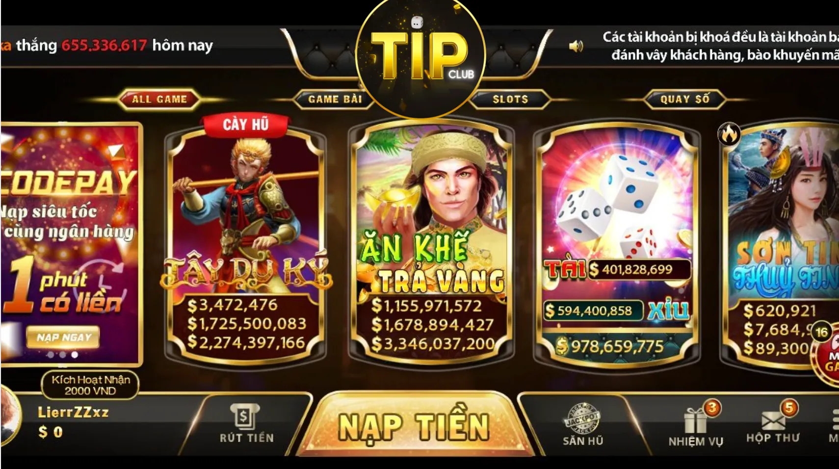 Siêu phẩm game nổ hũ Tip Club hot nhất hiện nay