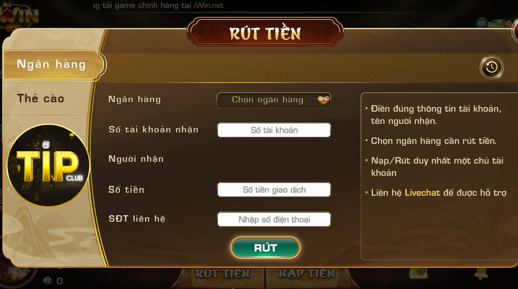 Hướng dẫn rút tiền tip club